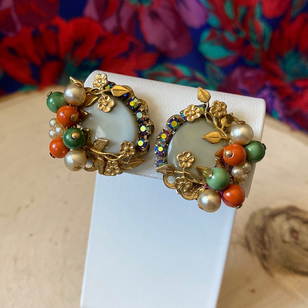 VTG- Hand-wired Moonstone, brass and hand beaded clip backs